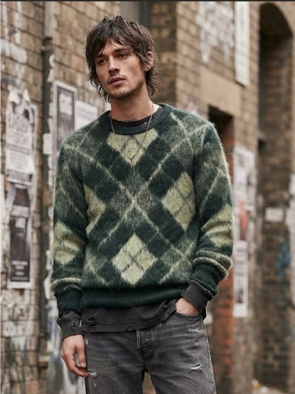 Vintage McGregor Argyle Mohair Wool Sweater Green Men’s S Retro Grunge Cobain